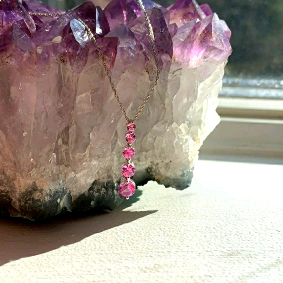 14k white gold necklace 10k 3 stone pink pendant